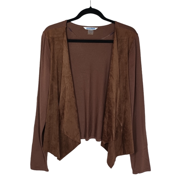 PETER NYGARD Micro Suede Brown Open Drape Long Sleeve Cardigan Sweater Large NWT - Picture 1 of 7